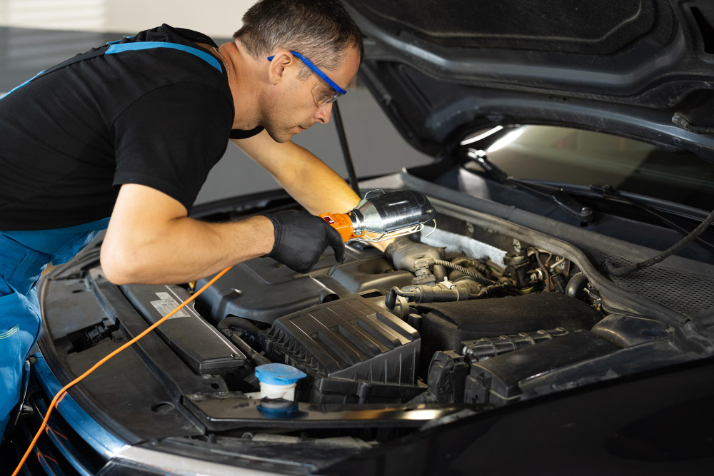 Technician running an engine diagnostic scan