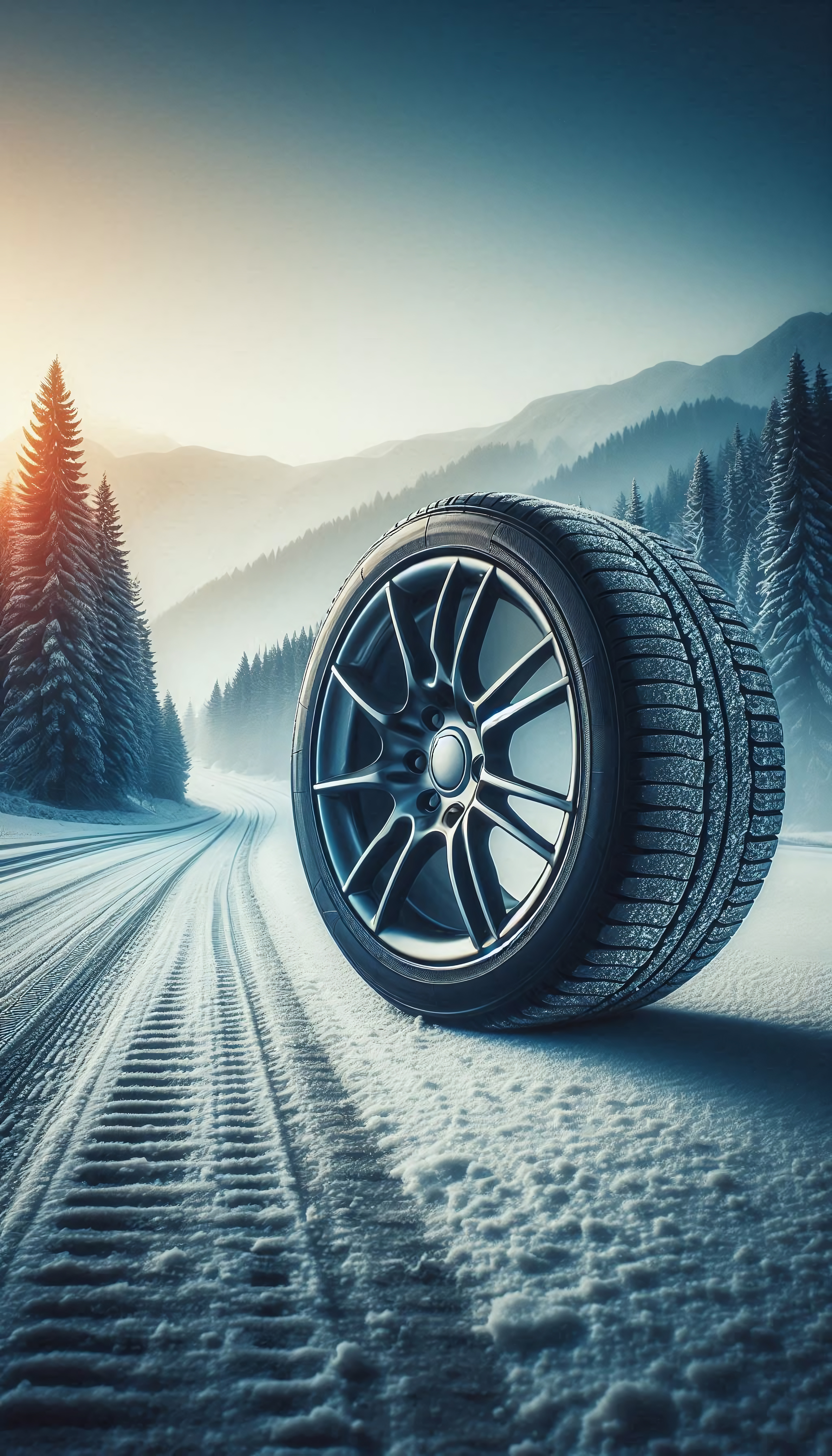 Car wheel on a snow-covered road